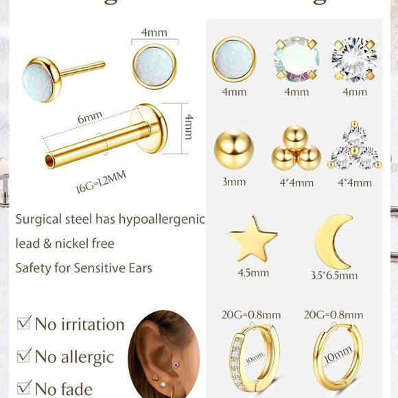 Flat Back Earrings Study Hypoallergenic Surgical Steel Multiple Piercing Use - Picture 2 of 6